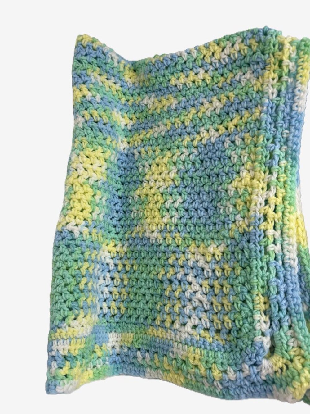 Handmade Crochet Baby Blanket Blue Green Yellow White Grandmacore Nursery Throw